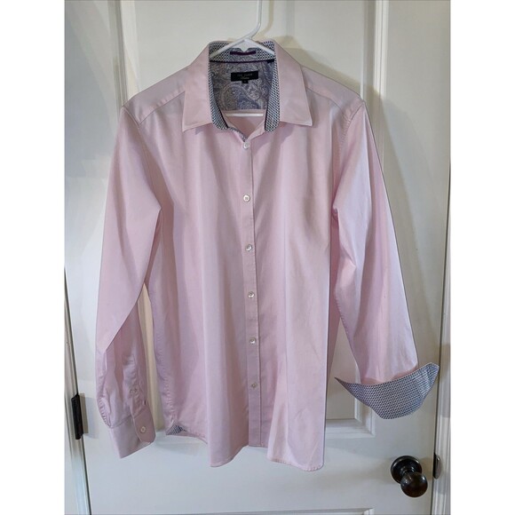 Ted Baker Shirt Mens 3 Small Pink White Geometric Button Down Cotton Flip Cuff - Picture 1 of 10